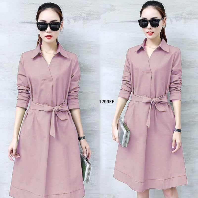 kudapy เดรสสั้นผ้าซาร่าสีพื้นปกเชิ้ต แขนศอก เอวไม่สมม๊อค มีเชือกผูกโบว์เข้ารูปสวยงาน