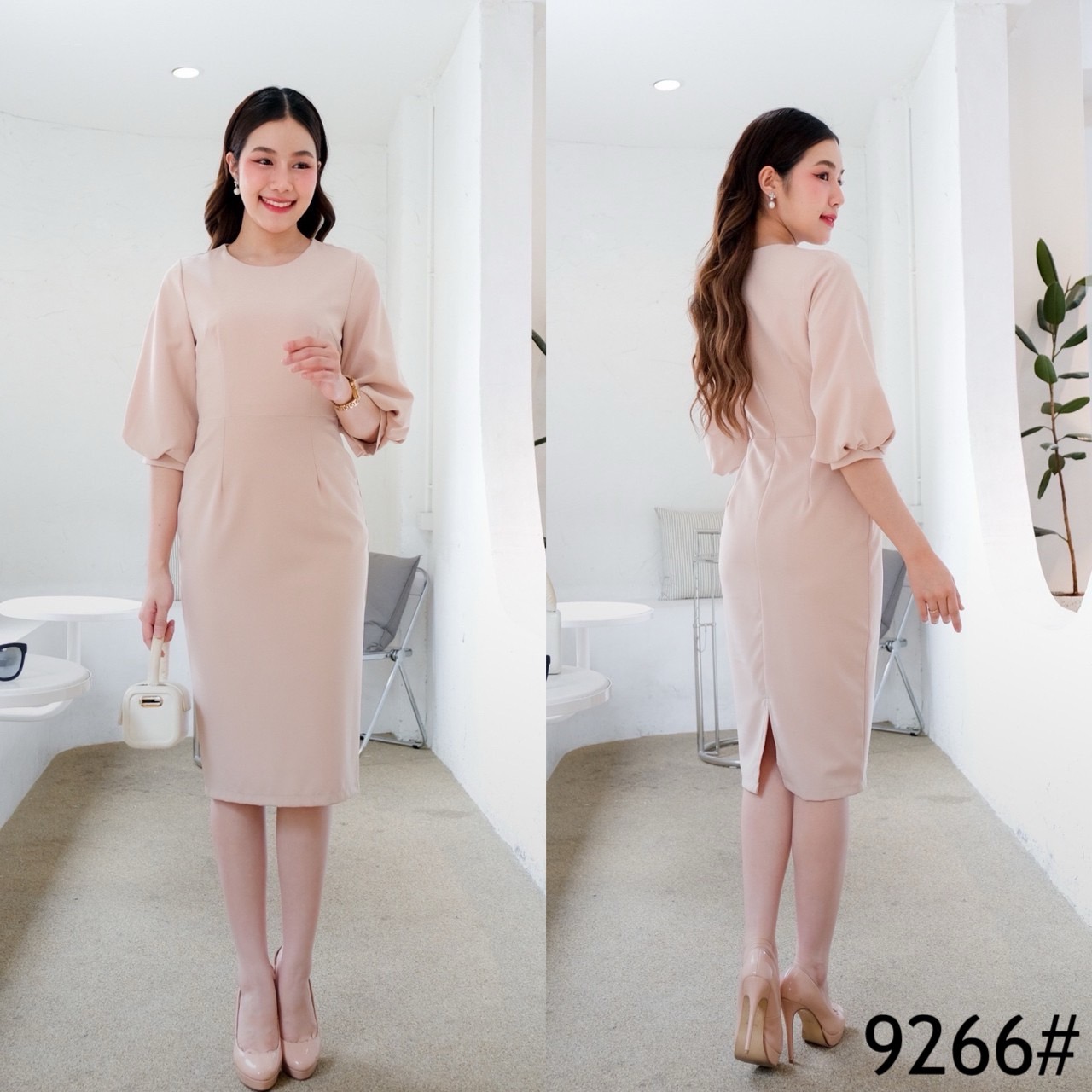 kudapy เดรสสั้นสีดำ/สีชมพู/สีครีมเบจ/สีแดง/สีน้ำเงิน/สีเขียว/สีครีมนู๊ด กระโปรงเก็บทรง แขนสามส่วนปลายพอง