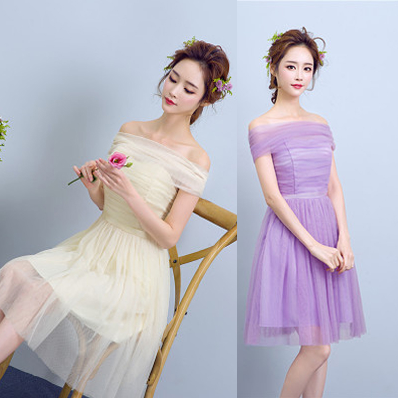 kudapy ชุดเดรสสั้นปาดไหล่ สีม่วง/สีครีม ชุดไปงานแต่ง เดรสเกาะอก ทรงเข้ารูป สม็อคหลังยืดได้ตามตัว