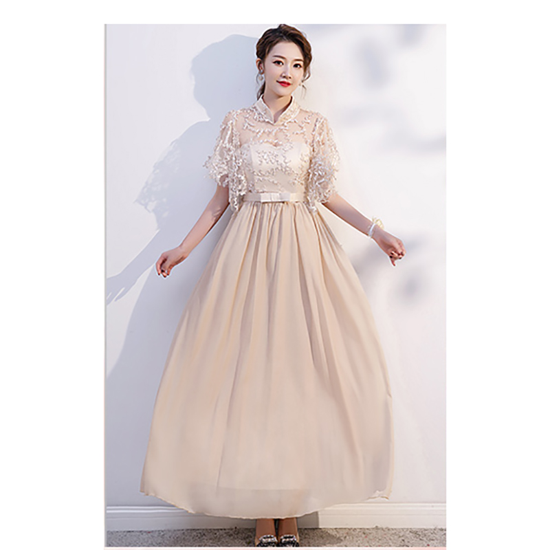 kudapy เดรสราตรียาวออกงานสีครีมกาแฟ คอจีนแขนคลุมไหล่