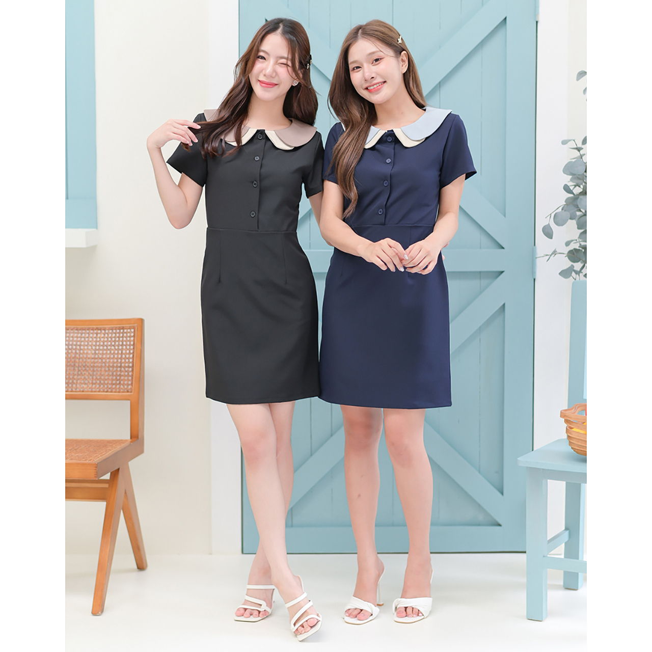 kudapy เดรสสั้นสีกรม/สีดำ คอปกแขนสั้น ดีไซน์แต่งคอปกเล่นสี 2 ชั้น ตัดต่อกลางตัวเสื้อแต่งกระดุม 4 เม็ด
