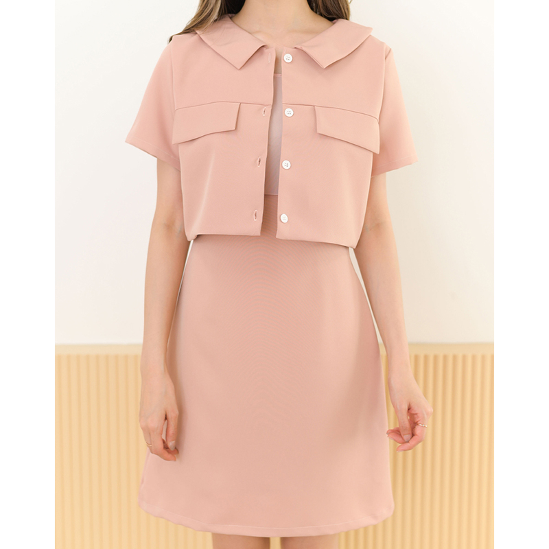 kudapy kudapy เดรสสั้นสีมัทฉะ/สีดำ/สีโอรส คอปก กระดุมอกแกะได้จริง สวยปัง