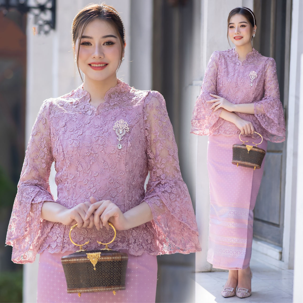 kudapy ชุดออกงาน เสื้อลูกไม้ฝรั่งเศสดอกลอย ผ้าถุง ทอลาย เย็บสำเร็จ