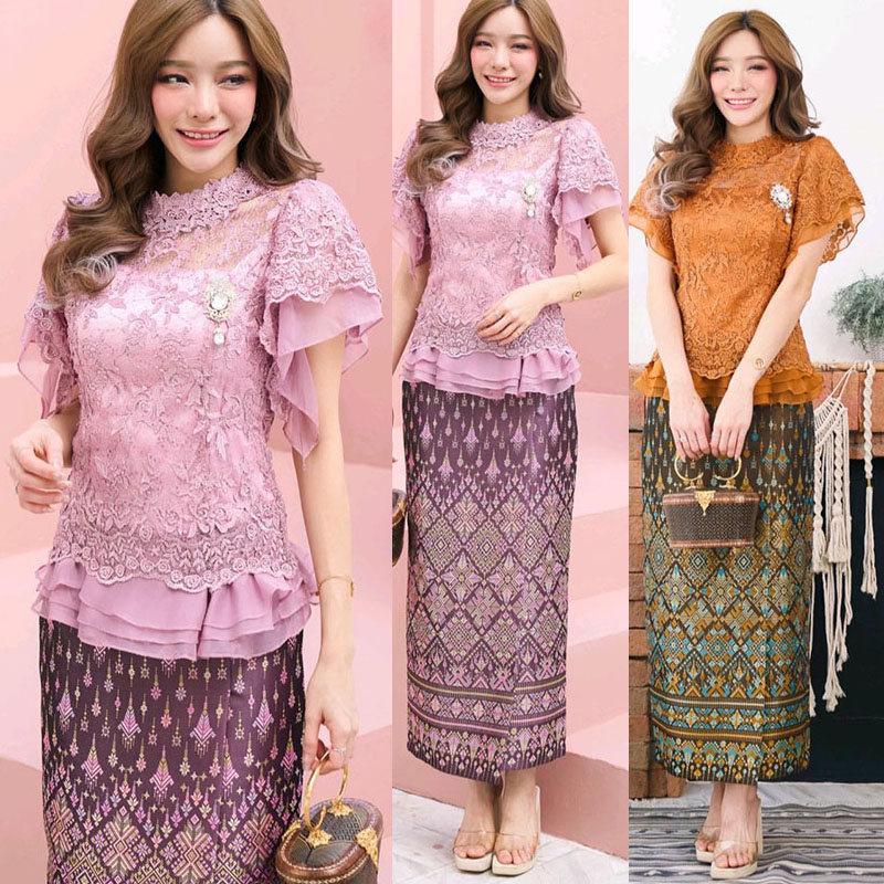 kudapy ชุดเซทผ้าถุง+เสื้อลูกไม้สีม่วง/สีส้ม ชุดใส่ออกงาน