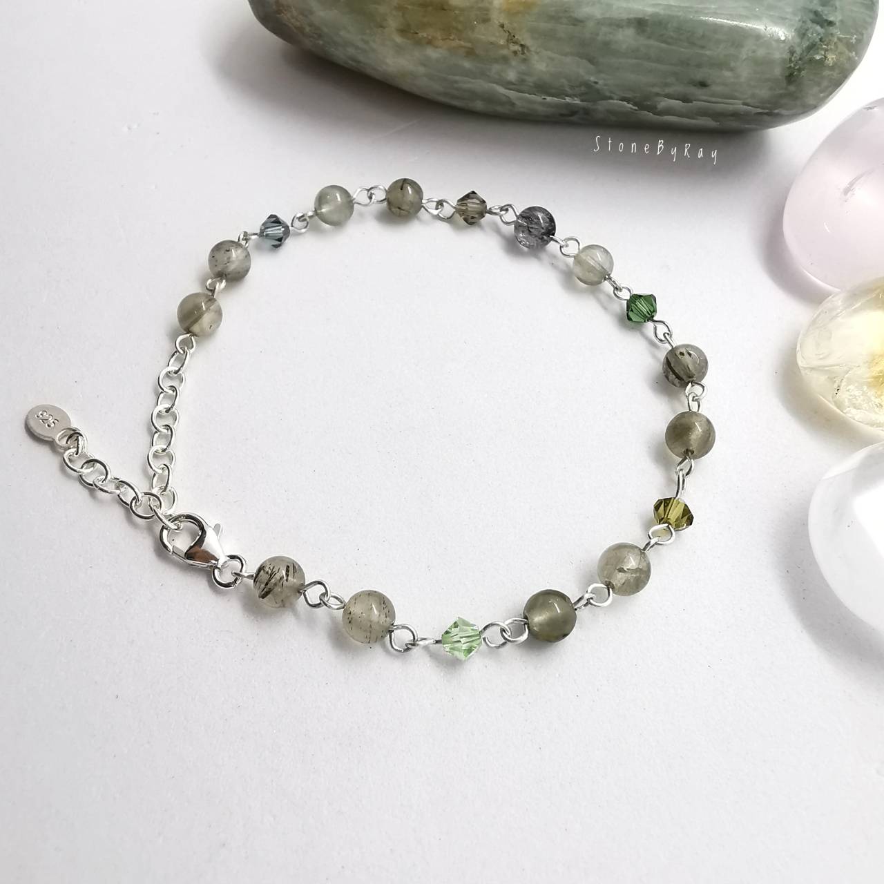 สร้อยข้อมือเงินหินไหมเขียว Green Rutile Quartz
