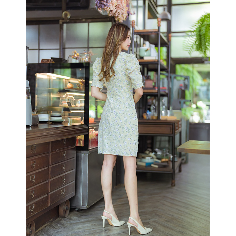 kudapy เดรสสั้นสีชมพู/สีดำ/สีเเหลือง เดรสทำงานทรงสูทลายดอก