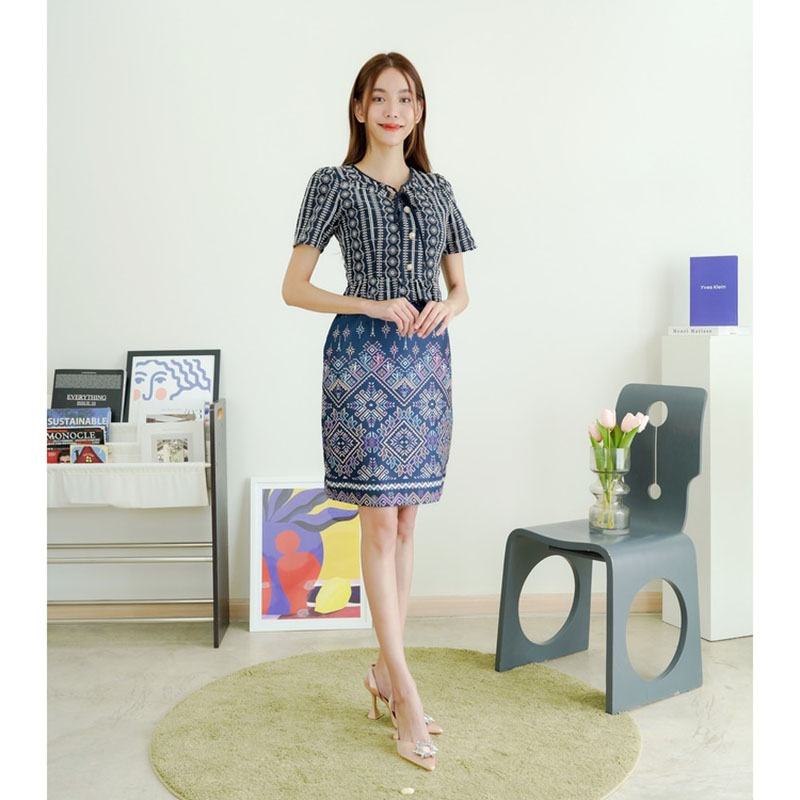 kudapy เดรสสั้นสีกรม/สีน้ำตาลลายไทยแต่งเอว ใส่ทำงานสวยดูดีน่ารัก
