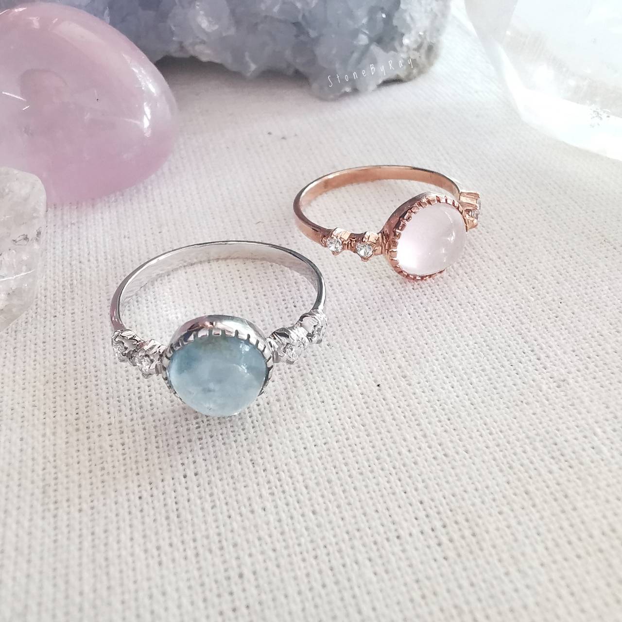 แหวนเงินหินโรสควอตซ์และอความารีน Rose Quartz+Aquamarine