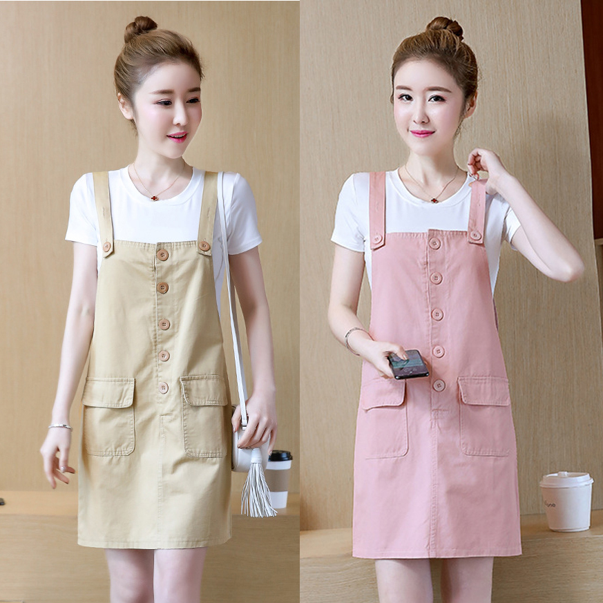 kudapy เซต 2 ชิ้น เดรสสั้นทรงเอี้ยมสีชมพู /สีเหลือง + เสื้อยืดคอกลมสีขาวแขนสั้น มีกระเป๋าหน้าใส่ของได้น้า
