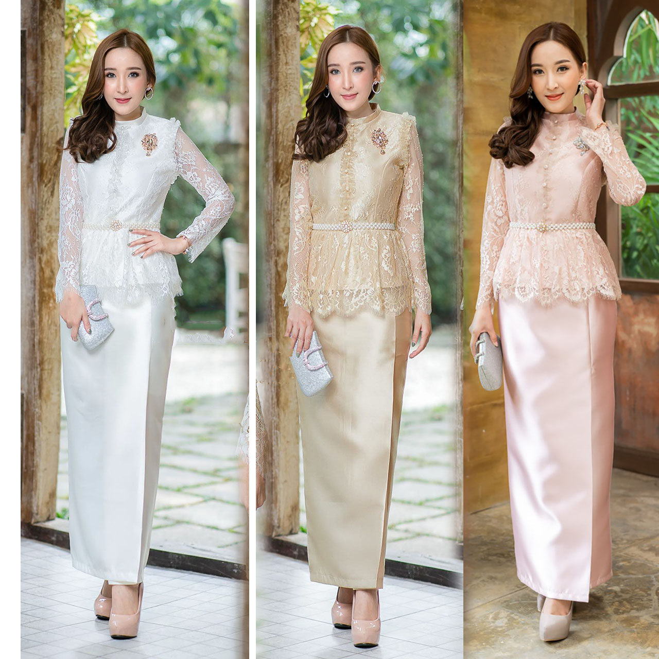 kudapy Set งาน 2ชิ้น เสื้อ+ผ้าถุงเย็บสำเร็จ งานผ้าไหมอิตาลีชุดไทยประยุกต์คอปิด แต่งกระดุมหลอก ตัวเสื้อตกแต่งด้วยลูกไม้เนื้อนิ่ม