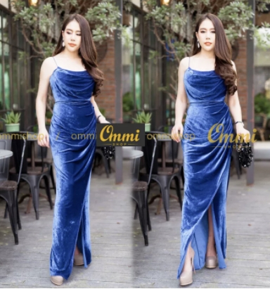 kudapy เดรสยาวไปงาน ชุดราตรียาวสีน้ำเงิน,สีกรมท่า,สีแดง ,สีชมพู ,สีม่วง,สีเขียว เดรสผ้ากำมะหยี่ยาวทิ้งตัว งานสวยค่ะ