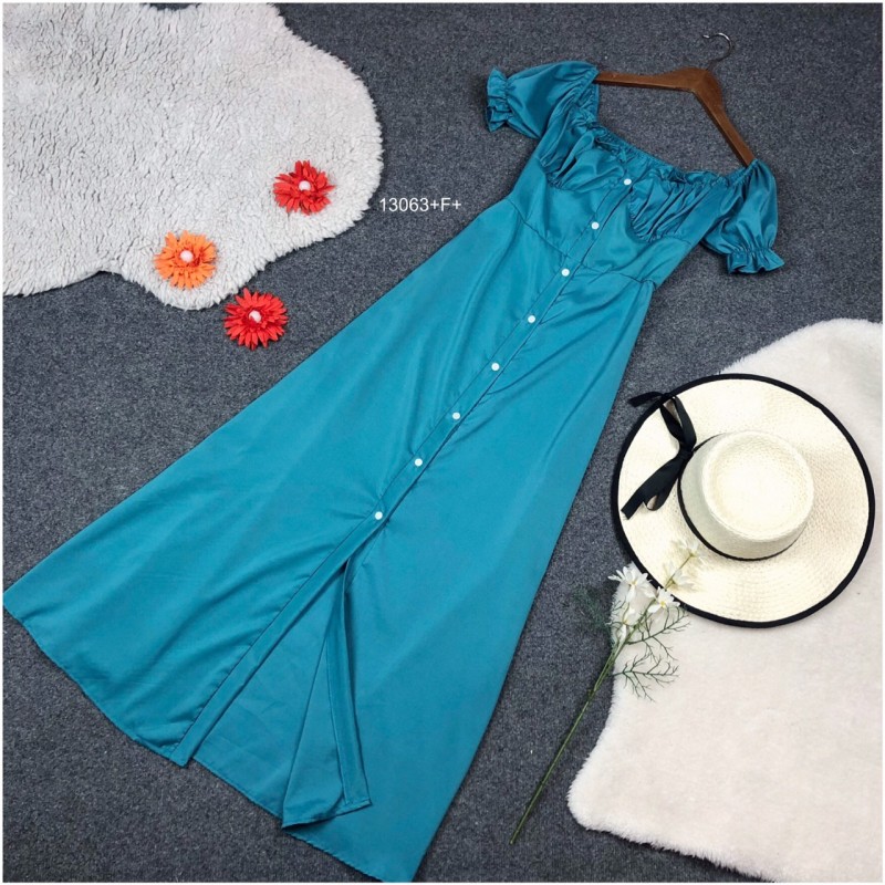 kudapy เดรสกระดุมผ่าหน้ายาวสีส้ม เขียว ม่วง คอกว้าง ผ้าไหมอิตาลี่ ใส่ได้ 2 แบบ ปาดไหล่