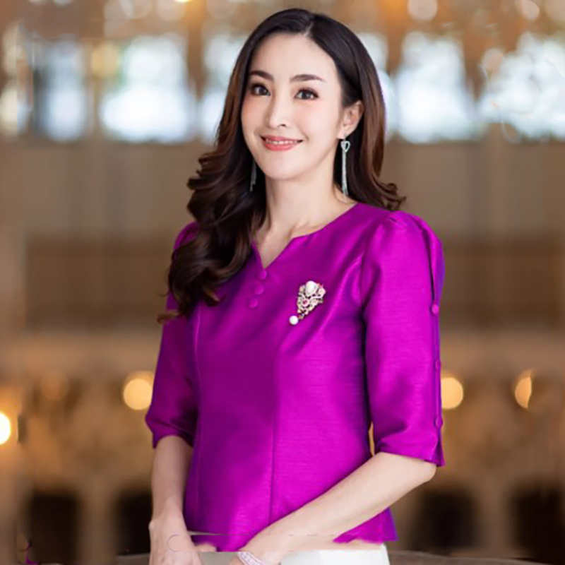 kudapy เสื้อผ้าไหม เขียวมรต บานเย็น ชมพูกลีบบัว แขน 4 ส่วนแต่งกระดุมด้านข้าง เอวปล่อย ชุดไทยประยุกต์