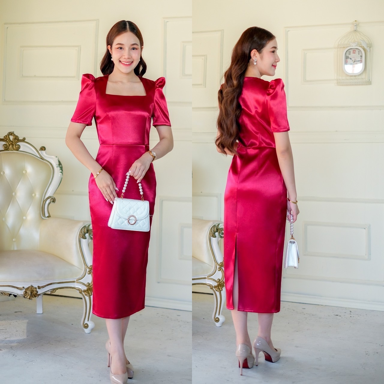 kudapy เดรสสั้นสีชมพู/สีทอง/สีกรมท่า/สีแดง/สีฟ้า ทรงสอบ คอเหลี่ยม แขนสั้น จับจีบยกบ่า กระโปรงทรงสอบ เก็บสะโพก