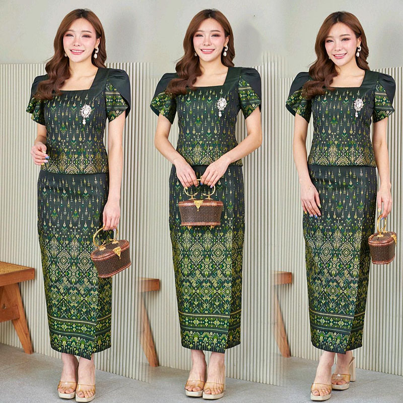 kudapy ชุดเซ็ทโทนสีเขียว เซ็ทช่อแก้วไหมแพรวากาฬสินธุ์+ผ้าถุง เนื้อเบาสบายทำให้ทรงคุณค่างานท้องถิ่นไทย