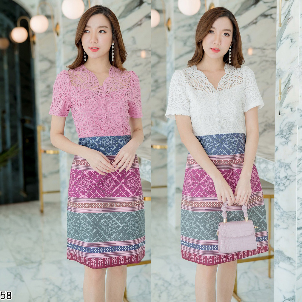 kudapy เดรสสั้นผ้าไทยคอวีตัดเย็บต่อเสื้อผ้าลูกไม้พิมพ์ลาย ทรงเอเข้ารูป งานสวยมากค่ะ
