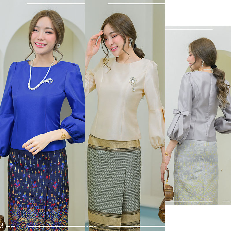 kudapy เสื้อผ้าไหมจิตรลดาสีครีม เทา น้ำเงิน งานแขนบอลลูนแต่งโปบว์ตัวเสื้ออัดกาวทั้งตัว และมีซับในให้ มาพร้อมชิปซ่อนหลังใส่สบาย
