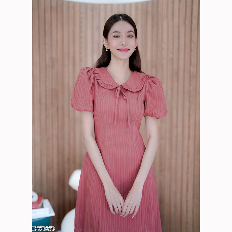 kudapy เดรสสั้นสีขาว/สีชมพู/สีฟ้า ผ้าทอแขนจั๊มผูกโบว์