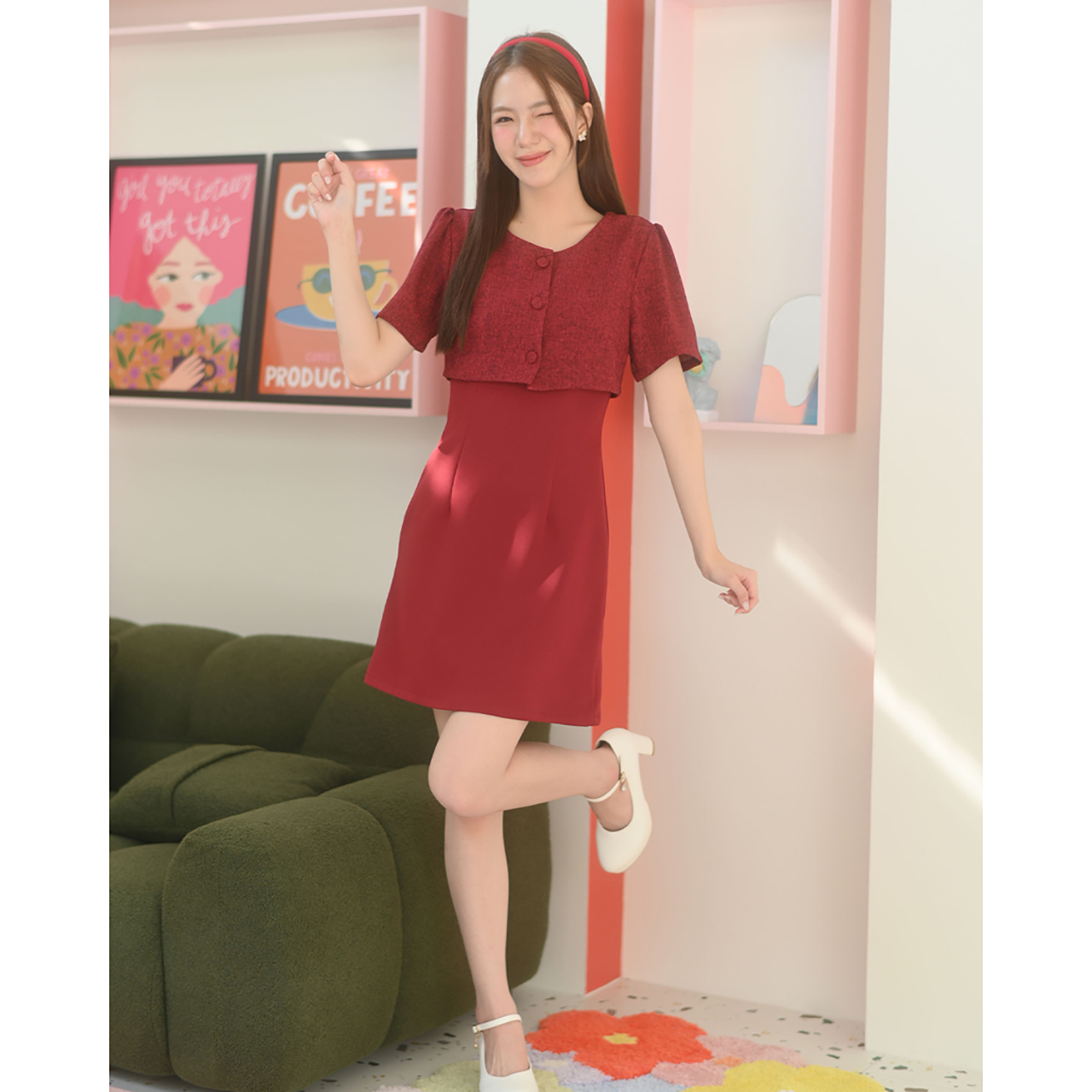 kudapy เดรสแขนสั้นคอกลม ตัดต่อผ้าทวีด เหมือนใส่เดรสคลุมด้วยเสื้อครอป ติดกระดุมปั๊มสวย