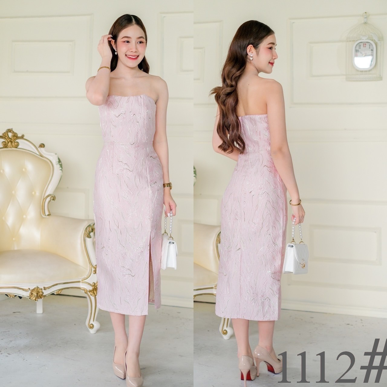 kudapy เดรสสั้นชมพู/สีม่วง/สีส้ม/สีนำ้เงิน เกาะอก กระโปรงสอบ ทรงดินสอ ซิปหลังยาว กระะโปรงผ่าหน้า ความยาวครึ่งแข้ง