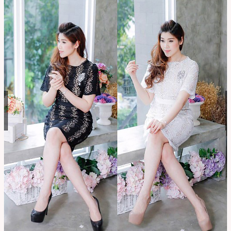 kudapy เดรสสั้นลูกไม้สีดำ/สีขาว แขนสั้น แต่งซับในสีเนื้อตัดกับสีชุดโชว์ลายลูกไม้สวยๆ ผ้าลูกไม้หนาเนื้อดีลายชัดเจน