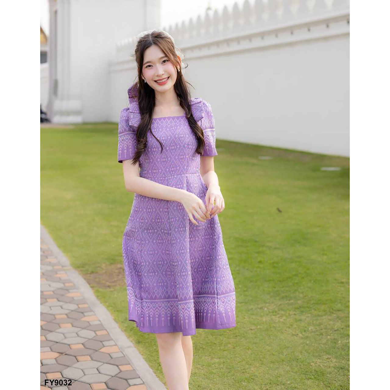 kudapy เดรสสั้นสีชมพู/สีม่วง ผ้าไทยโบว์ไหล่ทรงบาน ใส่ออกงานสวยดูดี