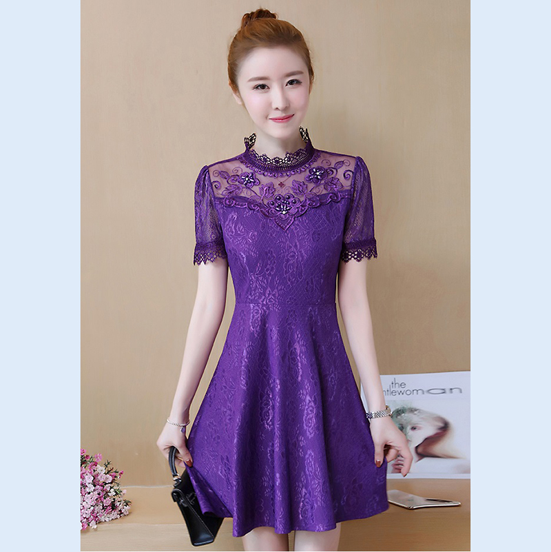 kudapy เดรสสั้นลูกไม้คอปีนสีม่วง/สีส้มโอรส เดรสลูกไม้เนื้อนิ่มใส่สบาย มีซับใน ซิบหลัง แขนสั้น