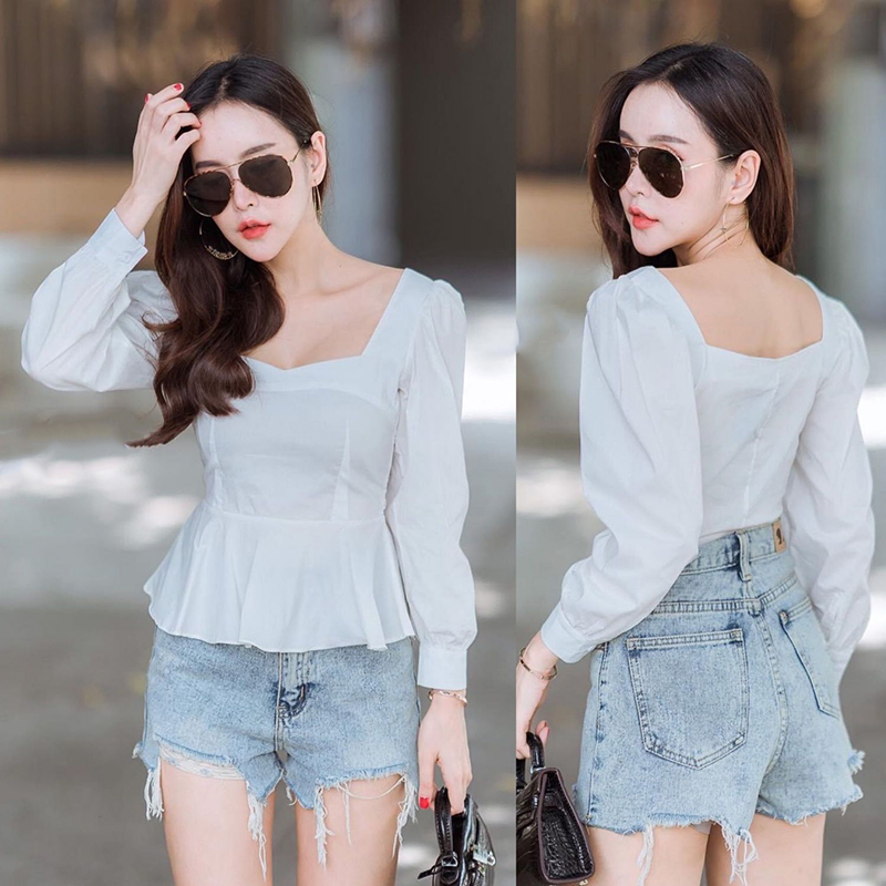 kudapy เสื้อผ้าพื้นเนื้อคอลตอลสีขาว ใส่สบายมากกก ทีงเก๋ คอเหลี่ยม
