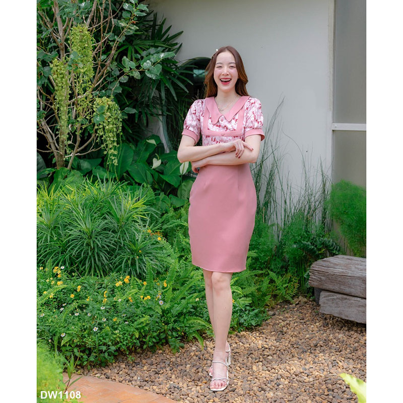 kudapy เดรสสั้นสีชมพู/สีกรม/สีม่วง กระโปรงสีพื้นคอปกเสื้อลายดอกแต่งกระดุม 3 ชิ้น