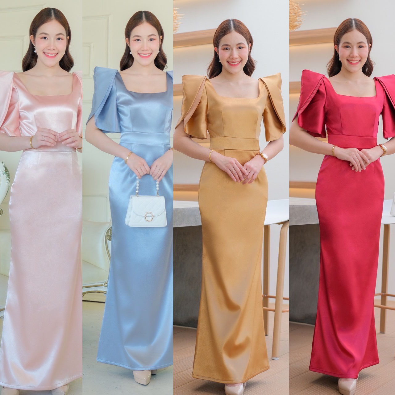 kudapy kudapy เดรสราตรียาว แขนสั้น ดีเทลแขนกลีบดอกไม้สองชั้น คอเหลี่ยม กระโปรงหางปลา ซิปหลังใส่ง่าย