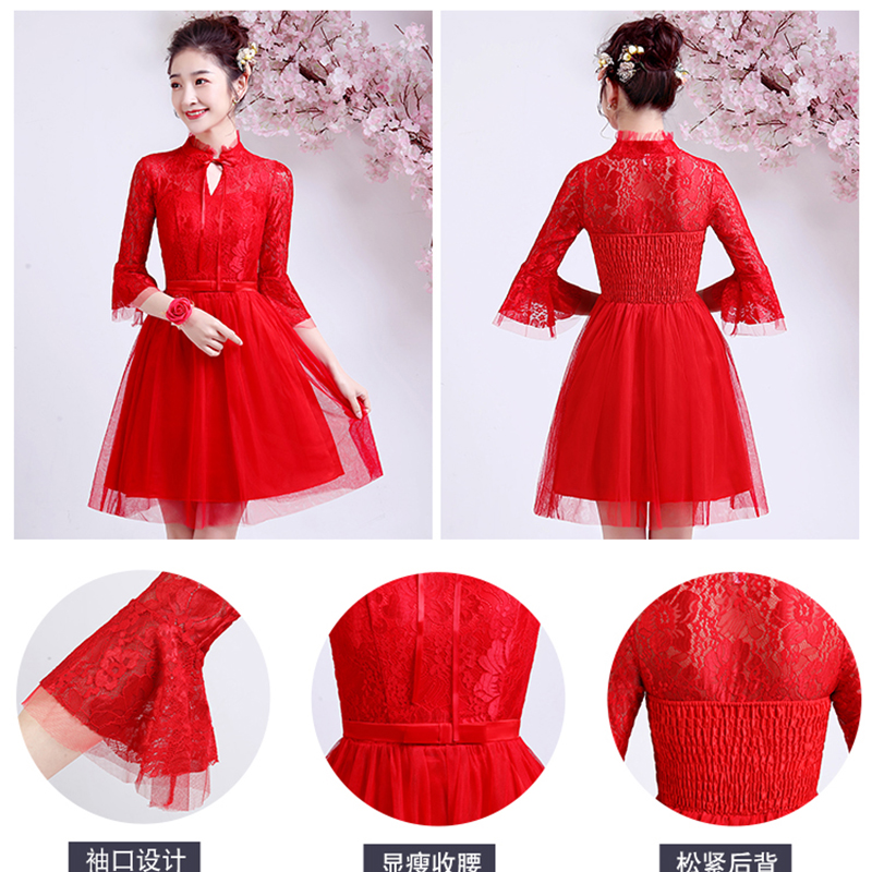 kudapy เดรสสั้นสีเทา/สีแดง/สีชมพู/สีส้ม/สีขาว ราตรีออกงานสั้นซีทรู ทรงเหมือนคอจีน