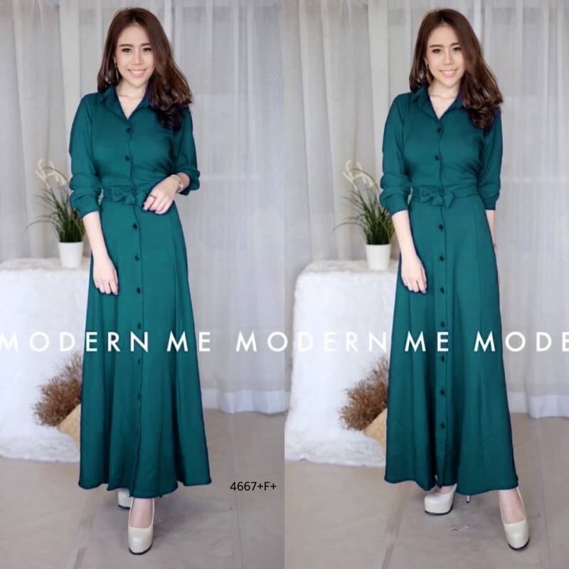 kudapy Maxi Dress แม็กซี่เดรสเชิ้ตแขนยาว สีพื้น งานเชิ้ตแต่งคอปกกระดุมช่วงหน้ายาวข้างเอวเย็บติดสายผูกเอว