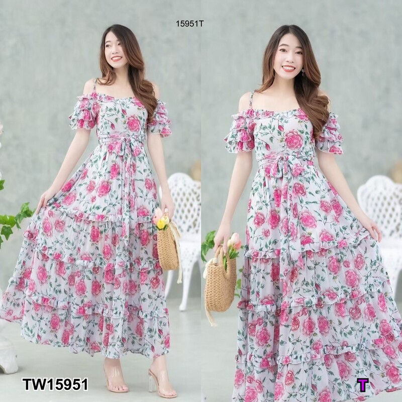 kudapy แม็กซี่เดรสสีขาว ดำ เขียว เทา สายเดี่ยวเว้าไหล่ แขนระบายชั้น ผ้าชีฟองลายดอกไม้ มีซับใน เนื้อผ้าทิ้งตัวสวย