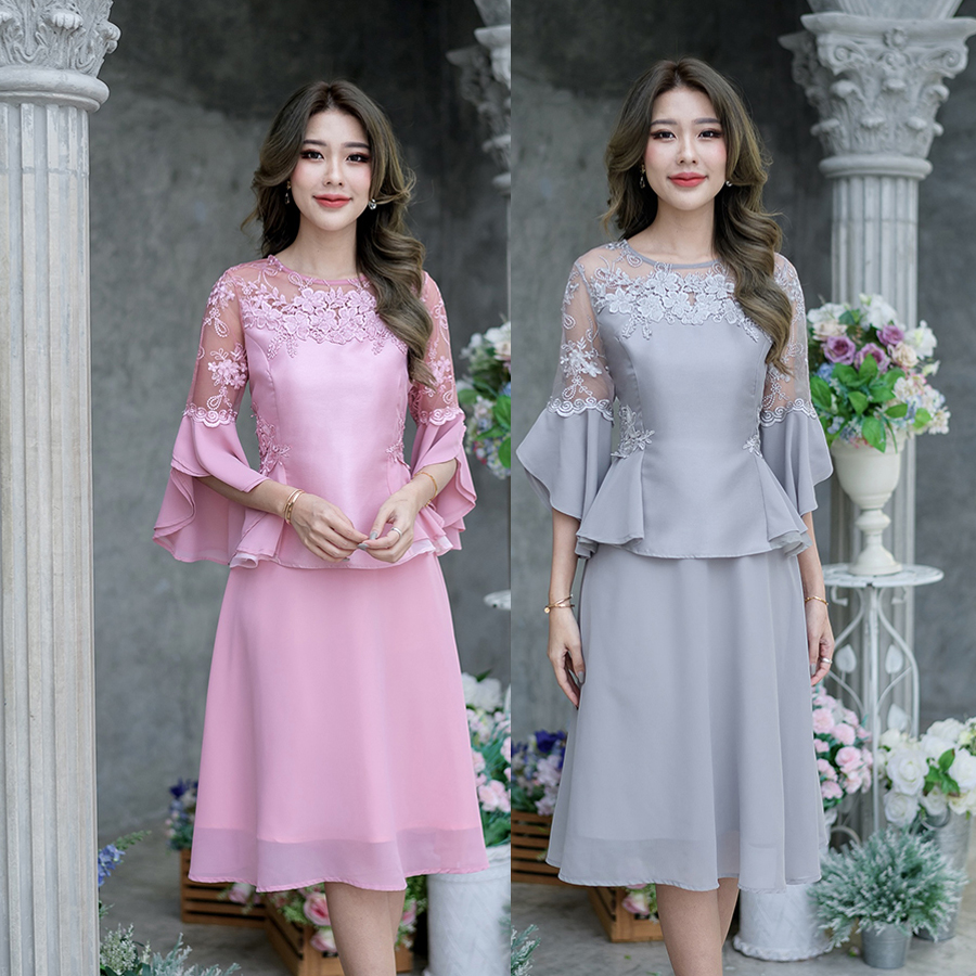 kudapy เดรสสั้นผ้าไหมแต่งลูกไม้สีชมพู/สีเทา เดรสผ้าไหม+ชิฟฟ่อน งานผสมผสาน 3 เนื้อผ้า ดีเทลมากมายตกแต่งสวยหวาน หรูหรา แขนแต่งระบายฟรุ่งฟริ้งพริ้วๆ
