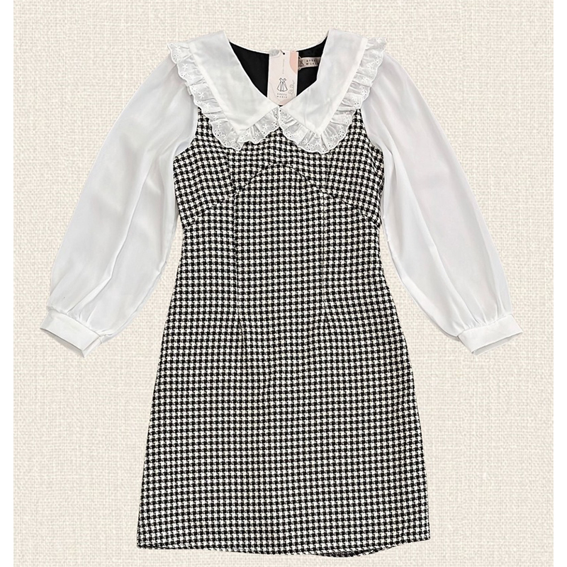 kudapy เดัส้นสีดำ/สีชมพู/สีน้ำตาล เดรสลายสก็อตแขนยาวคอปก