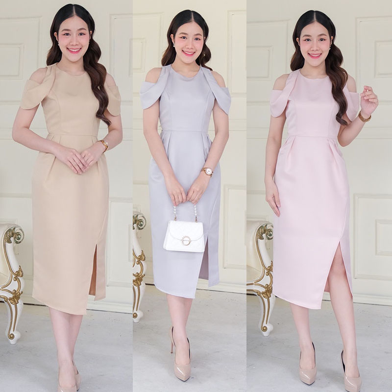 kudapy เดรสสั้นสีชมพูพาสเทล/สีทอง/สีเทา คอกลม แขนสั้น เว้าบ่า เกาหลีมากแม๊ คัตติ้งเริศแบบอลัง กระโปรงทรงทิวลิปผ่าข้าง