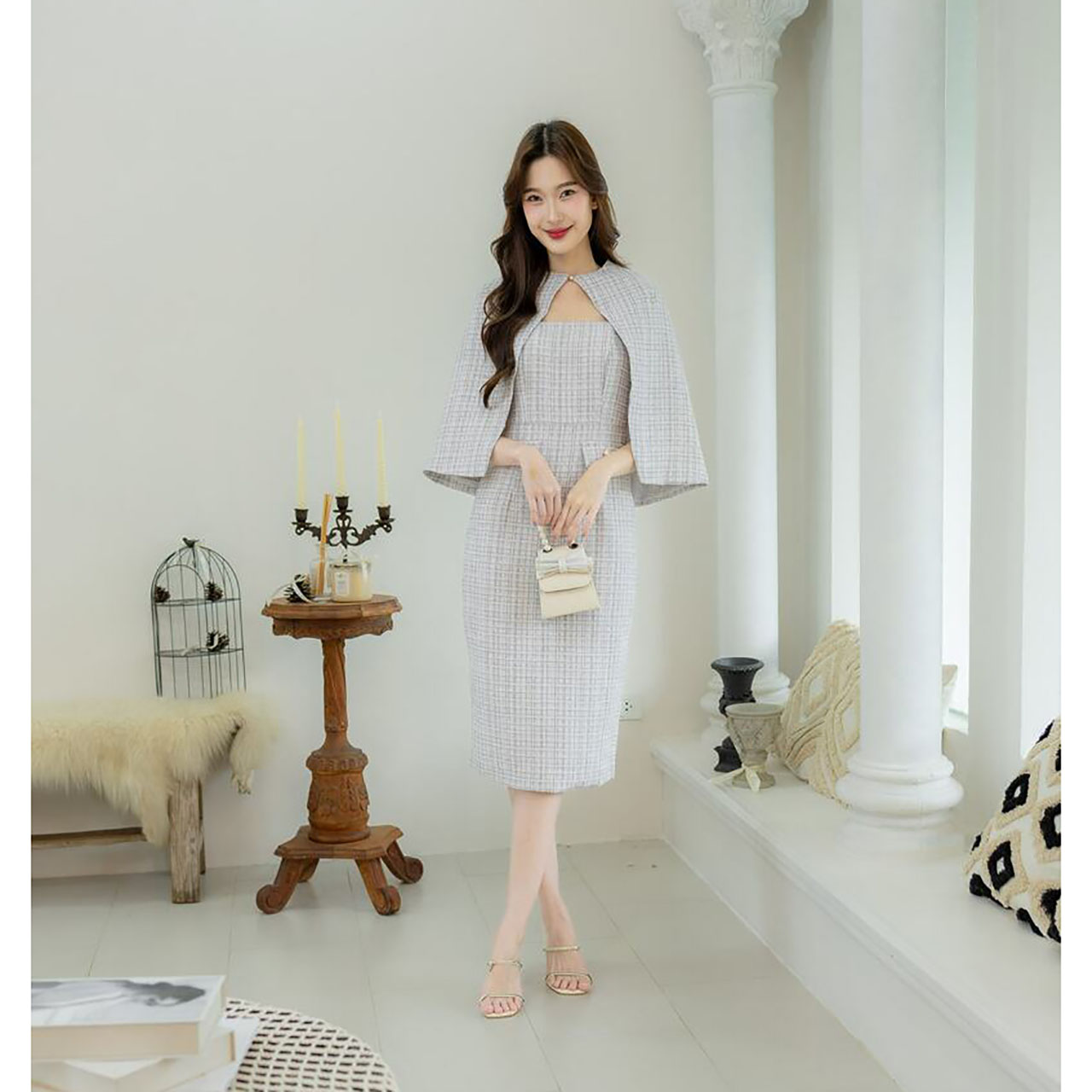 kudapy เดรสสั้น ผ้าทวิต ออกงานพร้อมเสื้อคลุมไหล่ ใส่สวย ดูดี