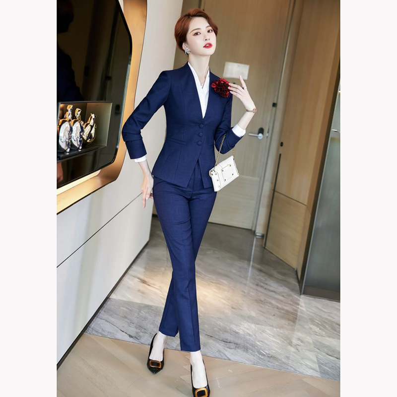 kudapy ชุดสูททำงานผู้หญิงสีกรมเข้ม แบบไม่มีปกพร้อมกางเกง
