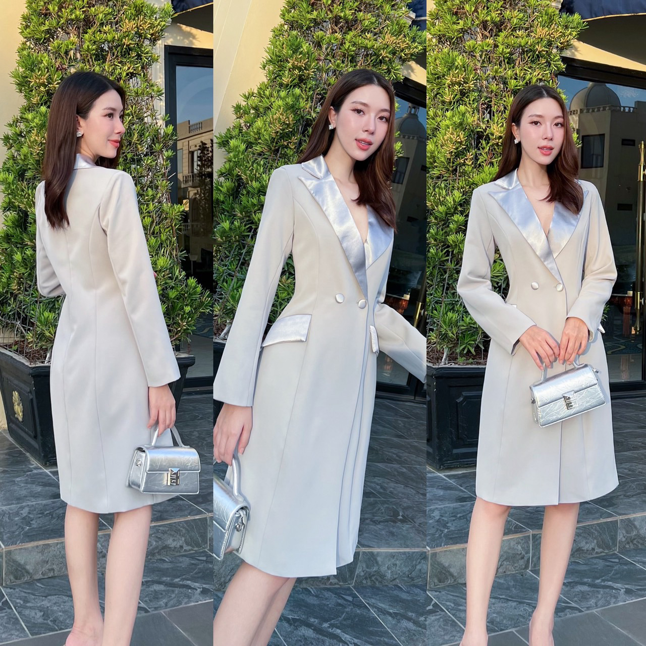 kudapy เดรสสูททรงสอบสีครีม/สีเทา เรียบหรู มีซับในทั้งชุด เป็นเดรสกระดุมหน้า กระเป๋าสามารถใช้งานได้จริง แต่งกระดุม 2 เม็ด