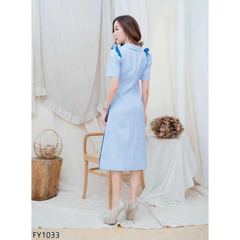 kudapy เดรสยาวคลุมเข่า เดรสผ้าไทยสีชมพู/สีฟ้า คอวีปก แต่งกระดุมหน้า ทรงสวยดูดีน่ารักมากค่ะ งานมีซับในซิบหลัง