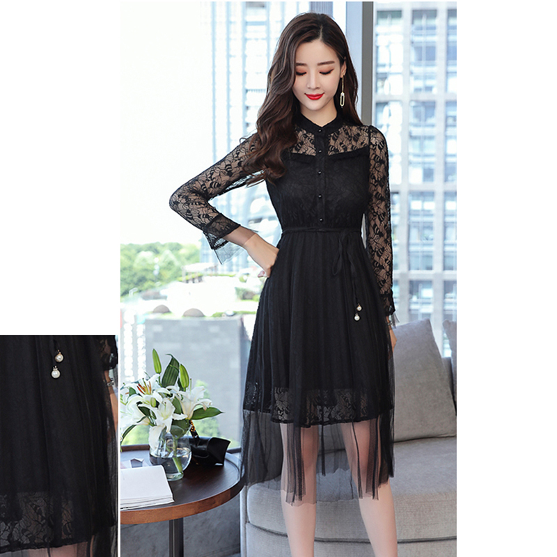 kudapy ชุดเดรสสั้น ผ้าลูกไม้สีดำ/สีครีม เดรสคอจีน แขนยาวผ้าลูกไม้นิ่มทิ้งตัวทรงสวยตามแบบ