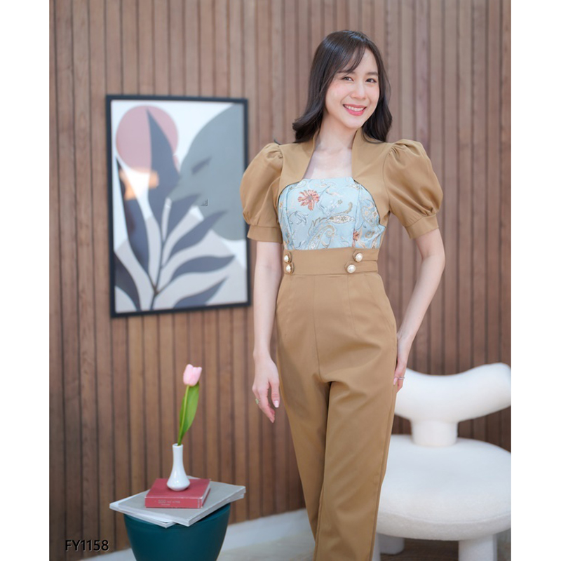 kudapy จั๊มสูทขายาวสีชมพู/สีน้ำตาล อกผ้าทอสวยดูดีใส่ออกงานน่ารักมากๆ