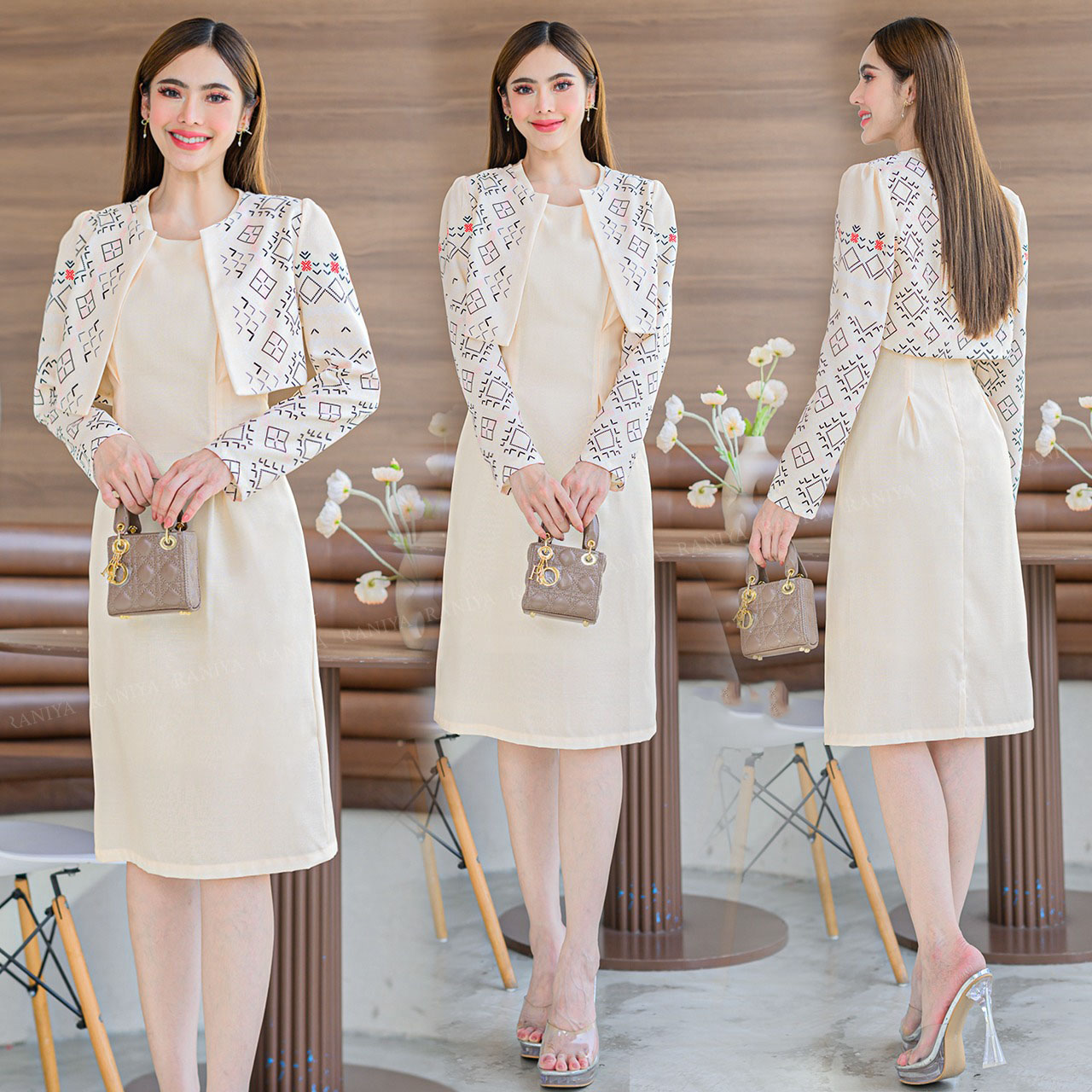 kudapy เดรสสั้นสีชมพู/สีครีม 2 ชิ้นผ้าโพลีแบบทอ เสื้อสูทงานพิมพ์ลายไทย กระโปรงทรงเอ ผ่าหลัง ทรงสวยมาก