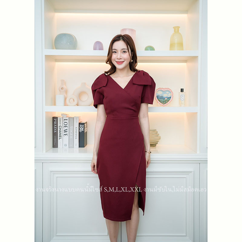 kudapy เดรสสั้นสีแดง/สีชมพู สวยออกงาน/ทำงาน เรียบหรูแต่งโบว์ไหล่ทรงเอผ่าข้าง งานไฮ มีซิปหลัง มีซับในหน้า
