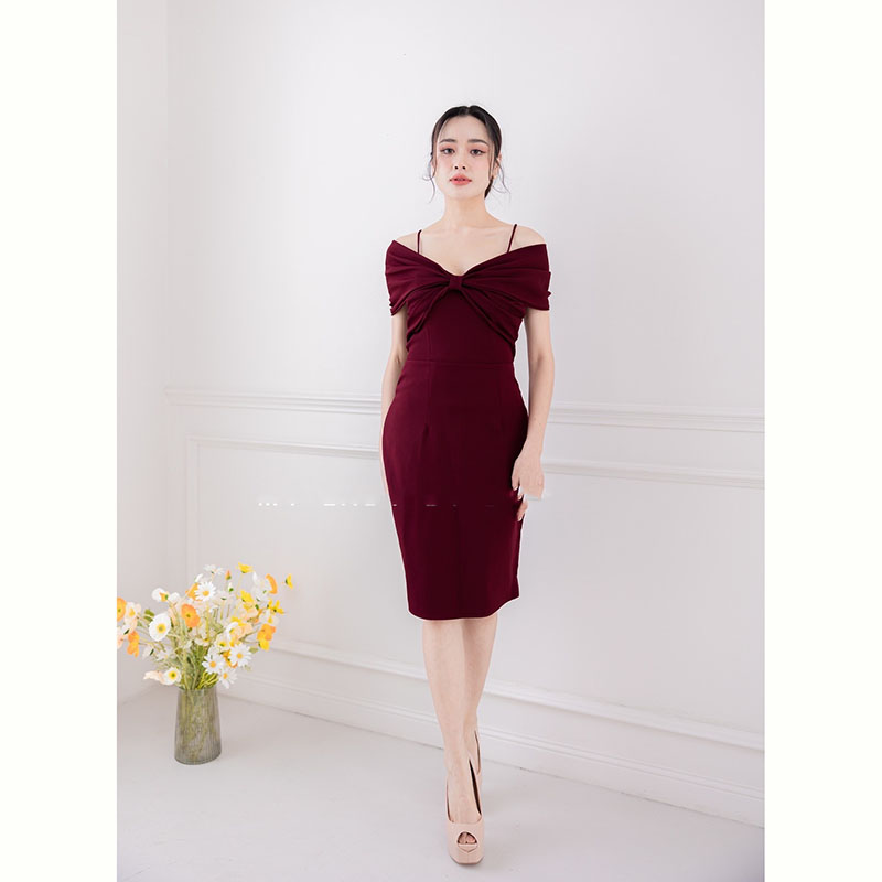 kudapy เดรสสั้นสีกรม/สีชมพู/สีแดง ชุดออกงาน ดีเทลโบว์สอดแขน รุ่นนี้เรียบหรู ลุคคุณหนู น่ารักมาก