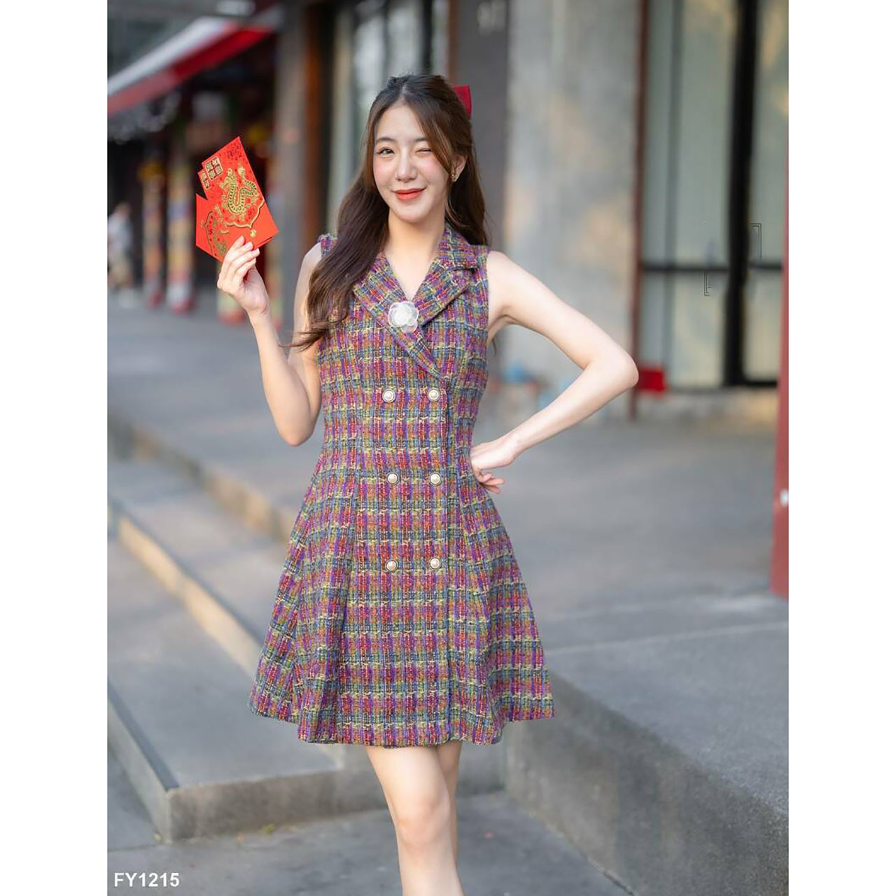 kudapy เดรสสูทสีเขียว/สีแดง กระโปรงสั้นลายตาราง แขนกุดผ้าทวิต ใส่เที่ยวสบายสวยดูดี