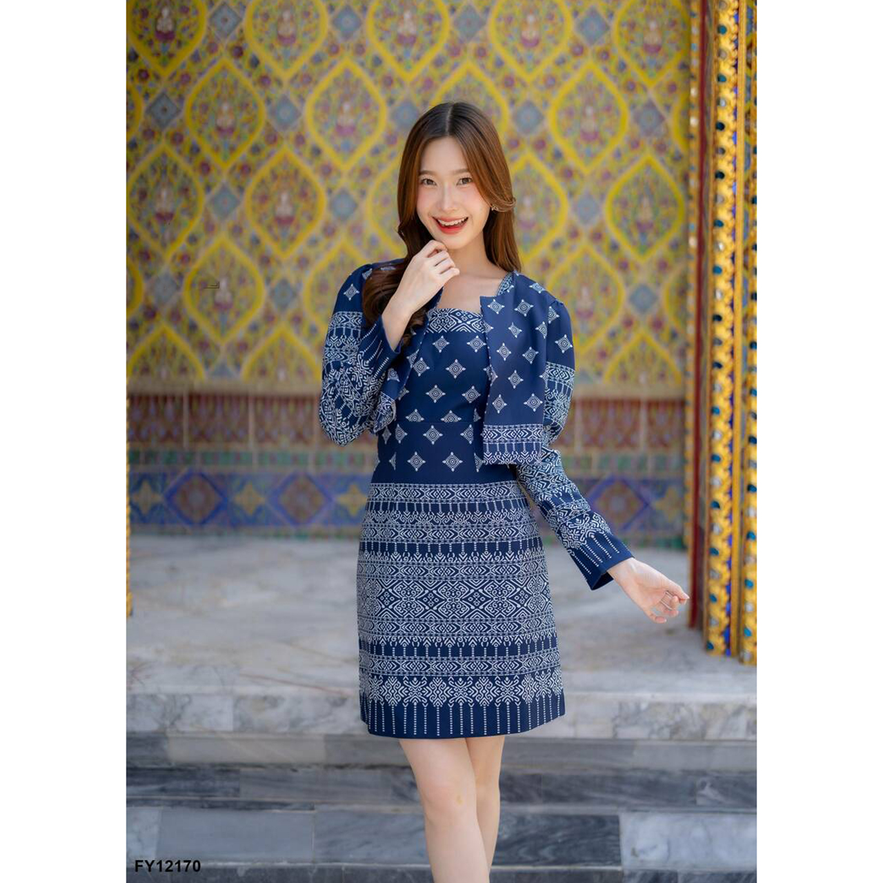 kudapy เซ็ทสีกรม เสื้อคลุมแขนยาวลายไทย+ชุดเดรสสั้นแขนกุดผ้าลายไทยสวยดูดี