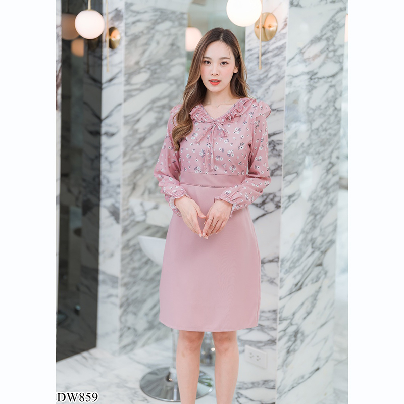 kudapy เดรสสั้นคอกลมสีฟ้า/สีชมพู/สีเขียว ใส่ทำงานแขนยาวคอระบายผูกโบว์กลางอก