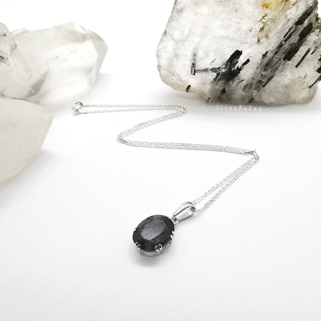สร้อยคอเงินจี้หินไหมดำ Black Tourmaline Quartz