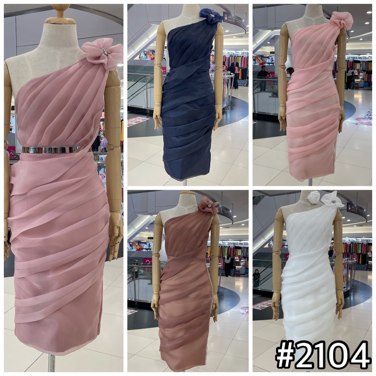 kudapy เดรสออกงานผ้าแก้ว เดรสสั้นไหล่เดี่ยว แต่งเข็มกลัดดอกไม้ สีชมพูพาสเทล ,ขาว ,โอรส ,กรมท่า